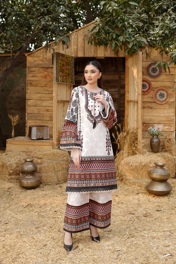 2 Piece Stitched-Embroidered Cotton Lawn Suit-HR33 - Image 3