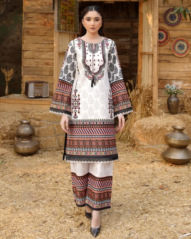2 Piece Stitched-Embroidered Cotton Lawn Suit-HR33
