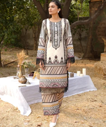 2 Piece Stitched-Embroidered Cotton Lawn Suit-HR34