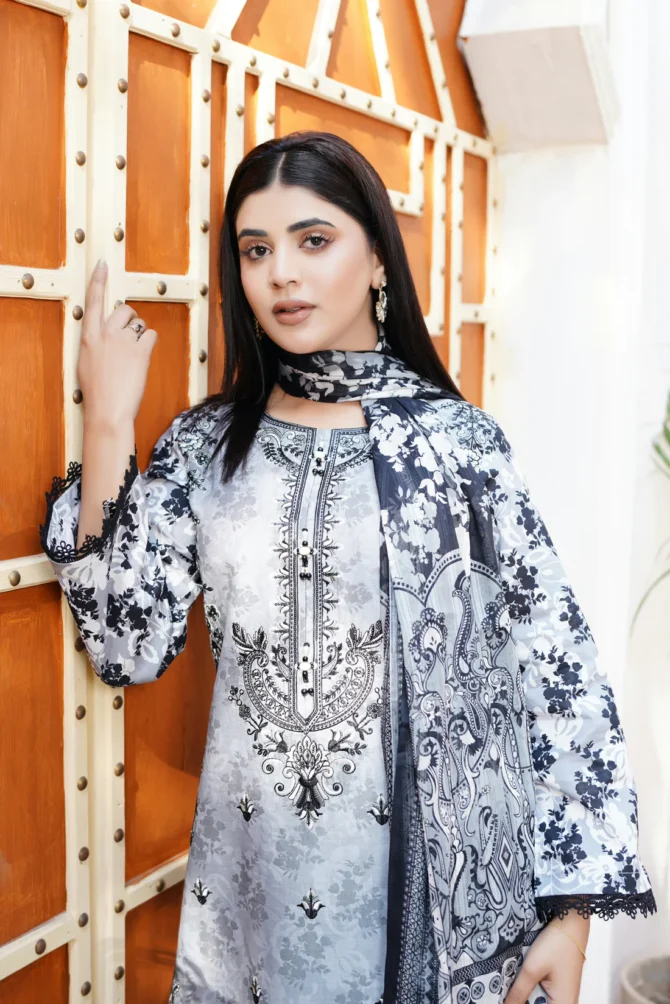ZAHRA 3 PIECE  SUIT EMBROIDERED COTTON LAWN-HR25 - Image 4