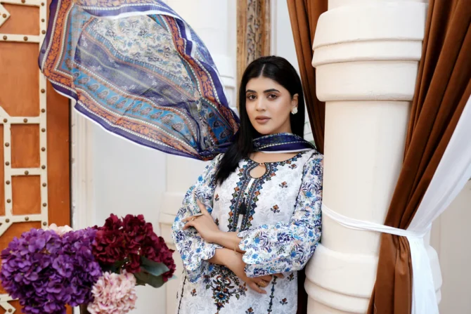 NAYAB 3 PIECE  SUIT EMBROIDERED COTTON LAWN-HR26 - Image 6