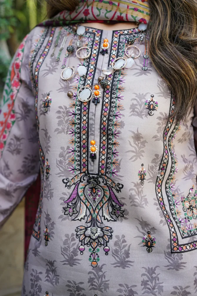 BAHAAR 3 PIECE  SUIT EMBROIDERED WITH PRINT -HR14 - Image 5